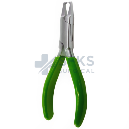 Size testing pliers featuring a narrow / tapered jaw for better access on the latest fashion frames. Angled tips prevent damage to screw barrels. Designed for sizing and testing of modern fashion frames, allowing access to narrow areas while protecting frame components.